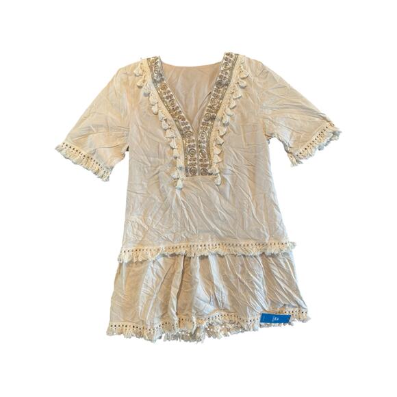 NWT Cupshe Boho Tassel Mini Dress M Beige V-Neck Embellished Lined Beach Coverup - Picture 3 of 12